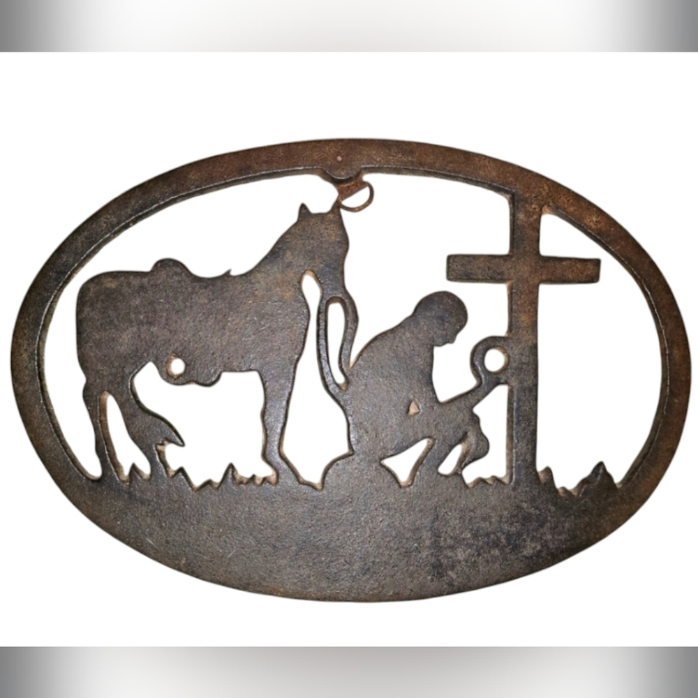 Rustic Cast Iron Praying Cowboy Plaque